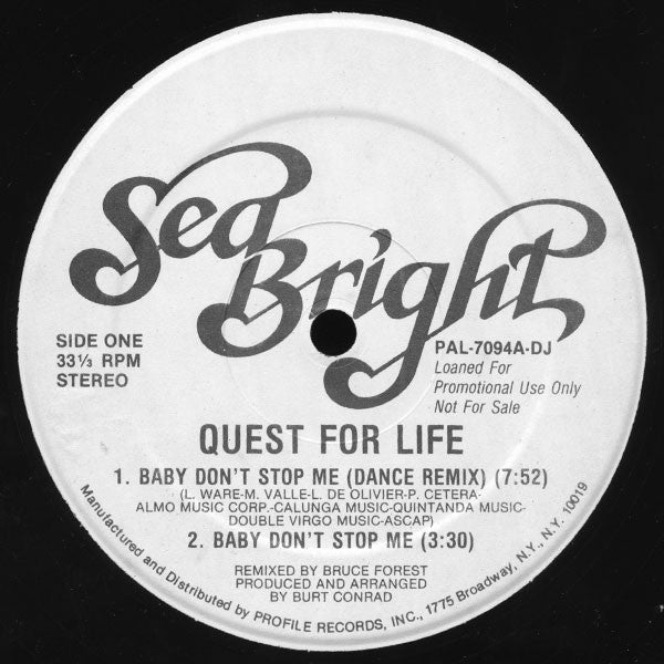 Quest For Life : Baby Don't Stop Me (12", Promo)