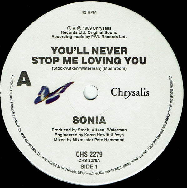 Sonia : You'll Never Stop Me Loving You (7", Single)