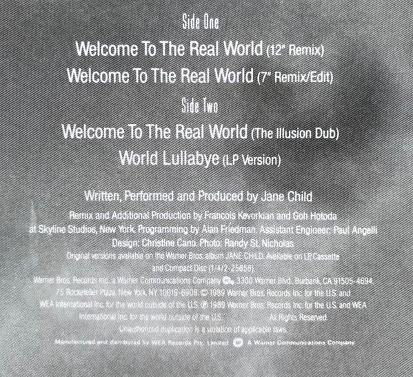 Jane Child : Welcome To The Real World (12", Maxi)