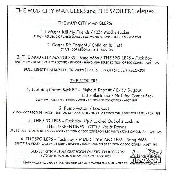 The Mud City Manglers And The Spoilers (4) : Song#666 / Fuck Boys (7", Single, Ltd, Num)