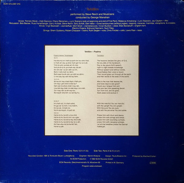 Steve Reich : Tehillim (LP, Album)