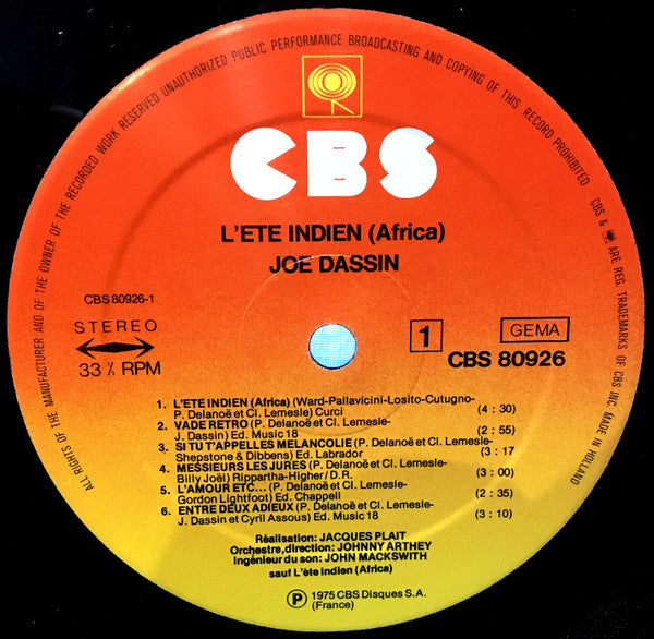 Joe Dassin : L'Ete Indien (Africa) (LP, Album)