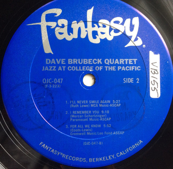 The Dave Brubeck Quartet Featuring Paul Desmond With Ron Crotty And Joe Dodge : Jazz At College Of The Pacific (LP, Album, Mono, RE, Pit)