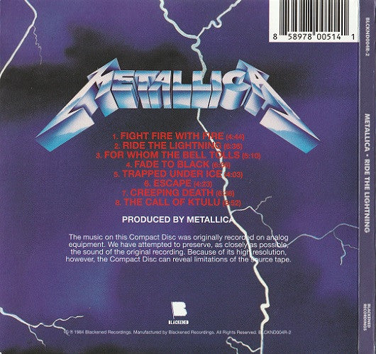 Metallica : Ride The Lightning (CD, Album, RE, RM, Min)