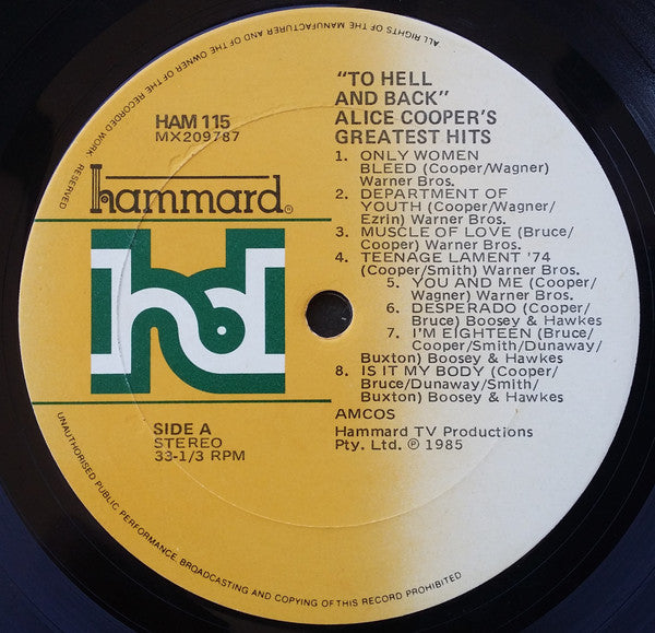 Alice Cooper (2) : To Hell And Back: Alice Cooper's Greatest Hits (LP, Comp)