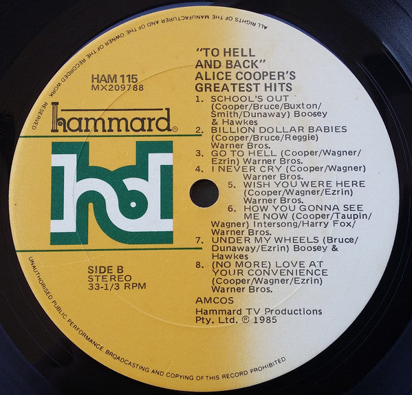 Alice Cooper (2) : To Hell And Back: Alice Cooper's Greatest Hits (LP, Comp)