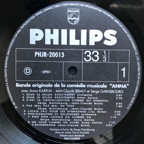 Anna Karina, Jean-Claude Brialy, Serge Gainsbourg : Anna (Bande Originale De La Comédie Musicale) (LP, Album, RE)