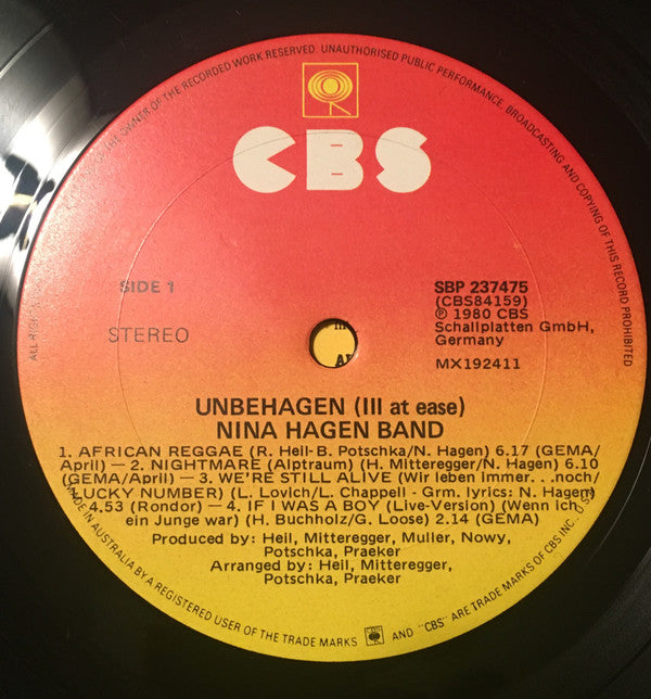 Nina Hagen Band : Unbehagen (LP, Album)