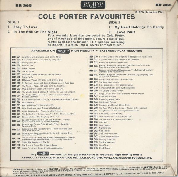 The Parris Mitchell Strings : Cole Porter Favourites (7")