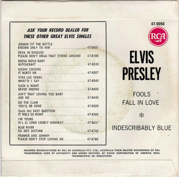 Elvis Presley With The Jordanaires : Indescribably Blue / Fools Fall In Love (7")