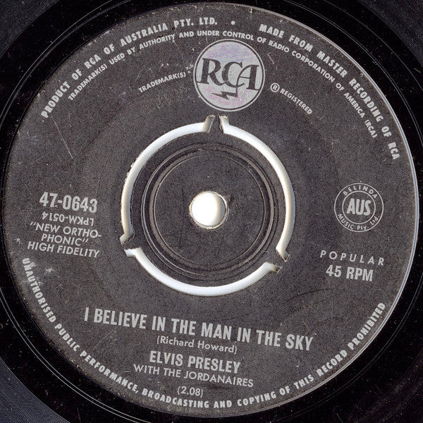 Elvis Presley : Crying In The Chapel / I Believe In The Man In The Sky (7", Single, Mono, 3 P)