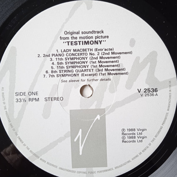 Dmitri Shostakovich, Various : Testimony: Original Motion Picture Soundtrack (LP, Album)