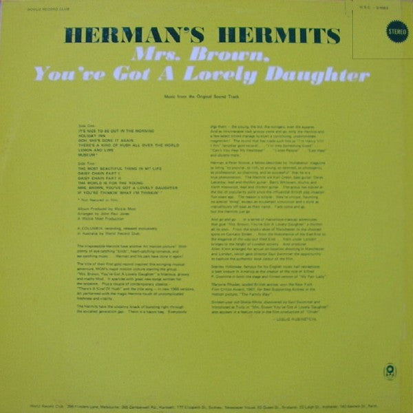 Herman's Hermits : Mrs. Brown, You've Got A Lovely Daughter (Music From The Original Sound Track) (LP, Album, Club, RE)