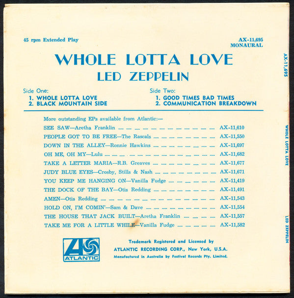 Led Zeppelin : Whole Lotta Love (7", EP, Mono)