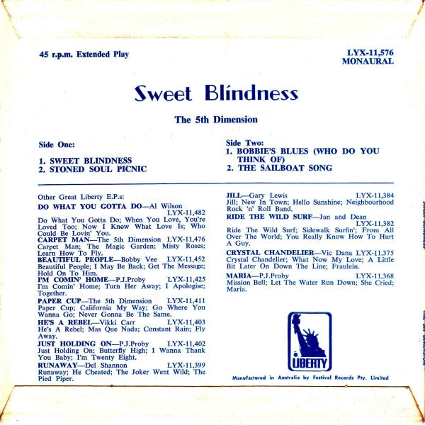 The 5th Dimension* : Sweet Blindness (7", EP, Mono)