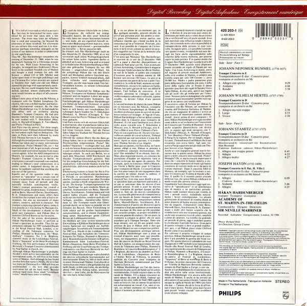 Haydn*, Hummel*, Hertel*, Stamitz*, Håkan Hardenberger, Academy Of St. Martin-in-the-Fields*, Sir Neville Marriner : Trumpet Concertos = Trompetenkonzerte (First Recording) (LP, Album)