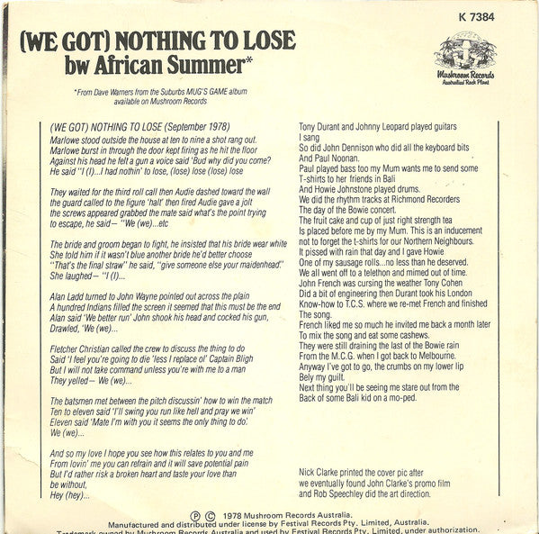 Dave Warner's From The Suburbs : (We Got) Nothing To Lose (7", Single)