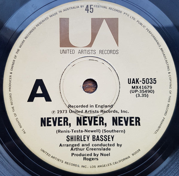 Shirley Bassey : Never, Never, Never (7")