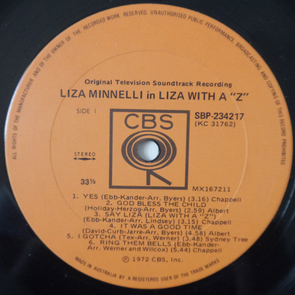 Liza Minnelli : Liza With A "Z" (A Concert For Television) (LP, Album)