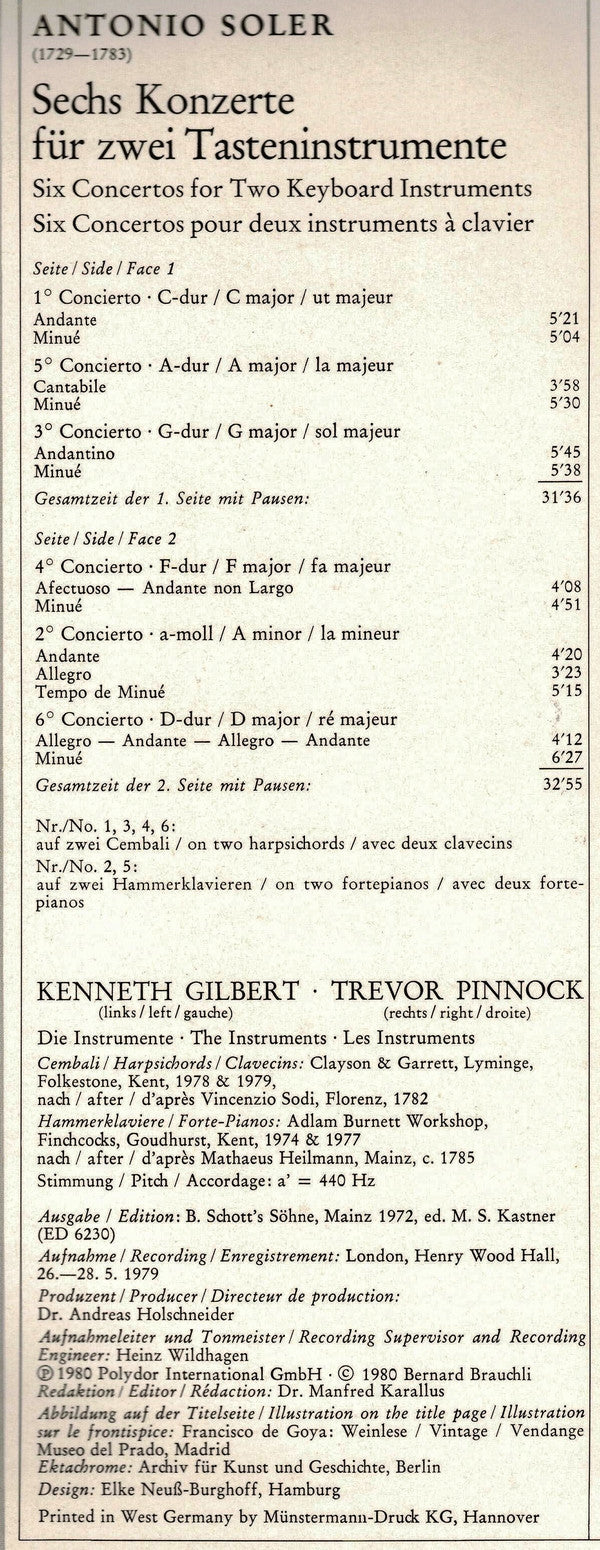 Padre Antonio Soler - Kenneth Gilbert • Trevor Pinnock : Konzerte Für Zwei Tasteninstrumente (LP)