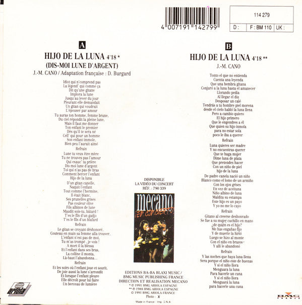 Mecano : Hijo De La Luna (Dis-Moi Lune D'Argent) (7", Single, Bea)