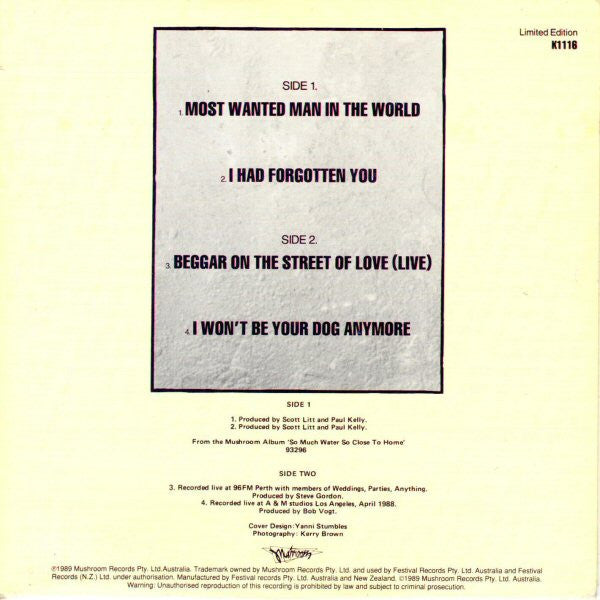 Paul Kelly And The Messengers : Most Wanted Man In The World (7", EP, Ltd)