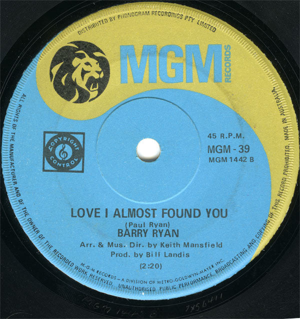 Barry Ryan : Eloise (7", Single)