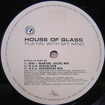 House Of Glass : Playin&#39; With My Mind (Bini + Martini Mixes) (12&quot;)