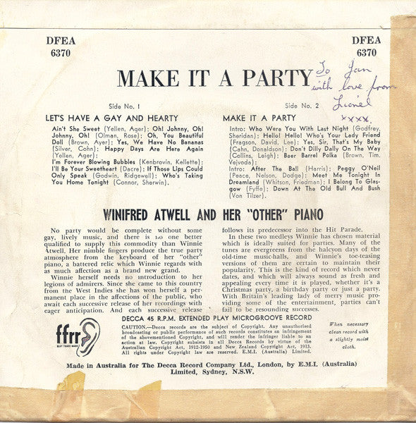 Winifred Atwell : Make It A Party  (7", EP)