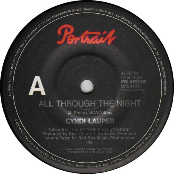 Cyndi Lauper : All Through The Night (7", Single)