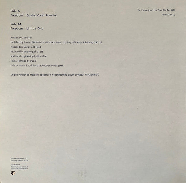Erasure : Freedom (Quake And Untidy Mixes) (12", Single, Promo, 2)