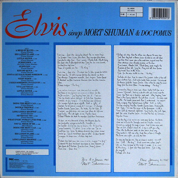 Elvis Presley : Elvis Sings Mort Shuman & Doc Pomus (LP, Comp)