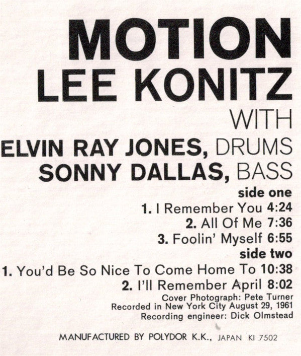 Lee Konitz : Motion (LP, Album, RE)
