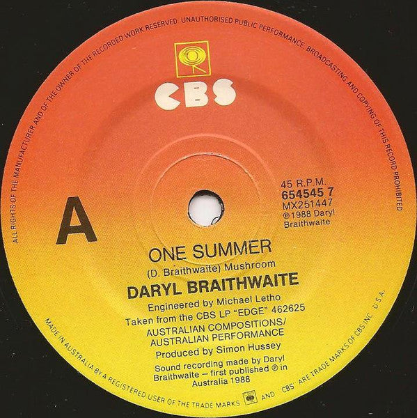 Daryl Braithwaite : One Summer (7", Single)