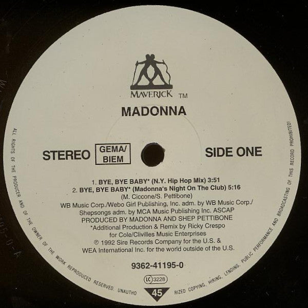 Madonna : Bye Bye Baby (12", Single)