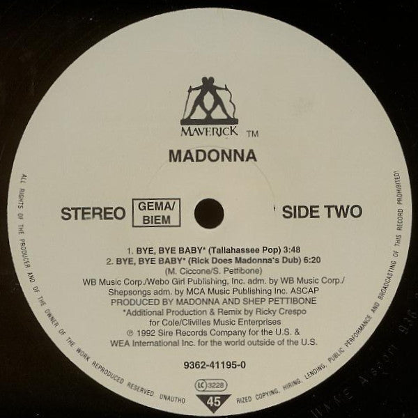 Madonna : Bye Bye Baby (12", Single)