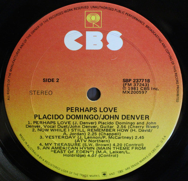 Placido Domingo With John Denver : Perhaps Love (LP, Album)