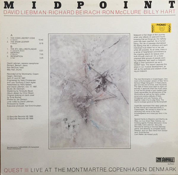 David Liebman, Richard Beirach, Ron McClure, Billy Hart − Quest (13) : Midpoint Quest III Live At The Montmartre Copenhagen Denmark (LP, Album)