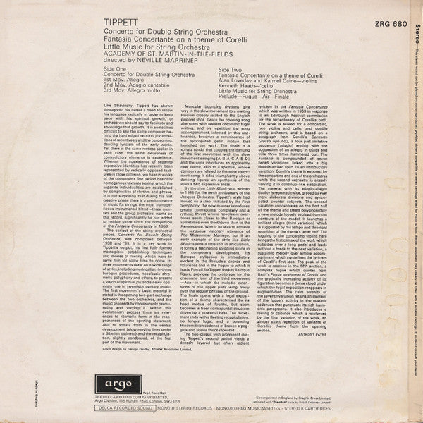 Sir Michael Tippett - Sir Neville Marriner, The Academy Of St. Martin-in-the-Fields : Little Music For String Orchestra / Concerto For Double String Orchestra / Fantasia Concertante On A Theme Of Corelli (LP)