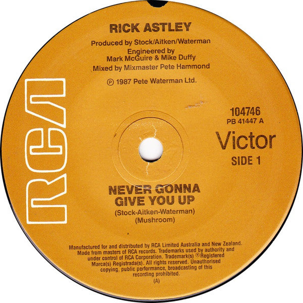 Rick Astley : Never Gonna Give You Up (7", Single)