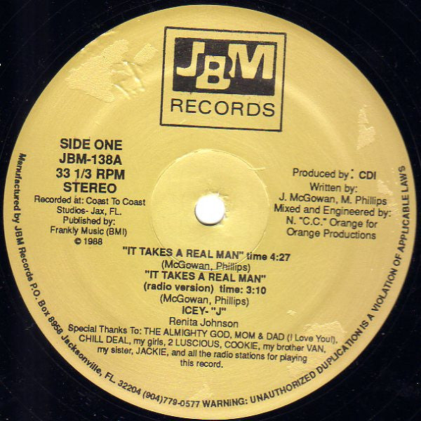 Icey-"J"* : It Takes A Real Man (12", Gol)