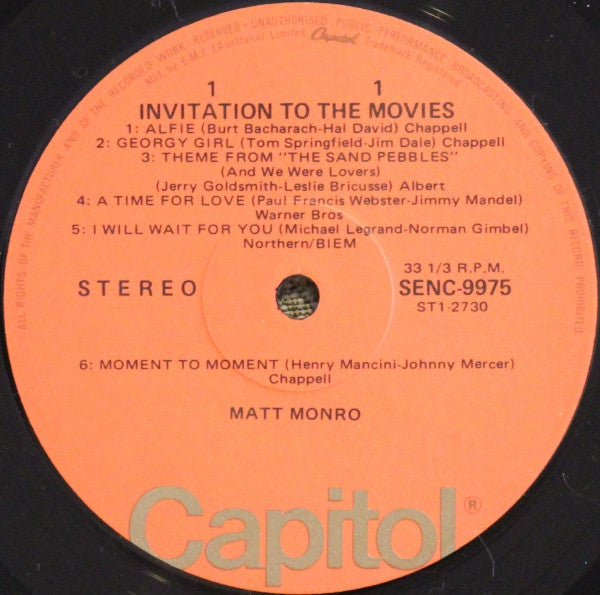 Matt Monro : Invitation To The Movies (LP, Album, RE)