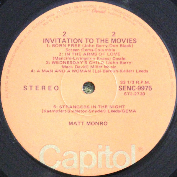 Matt Monro : Invitation To The Movies (LP, Album, RE)