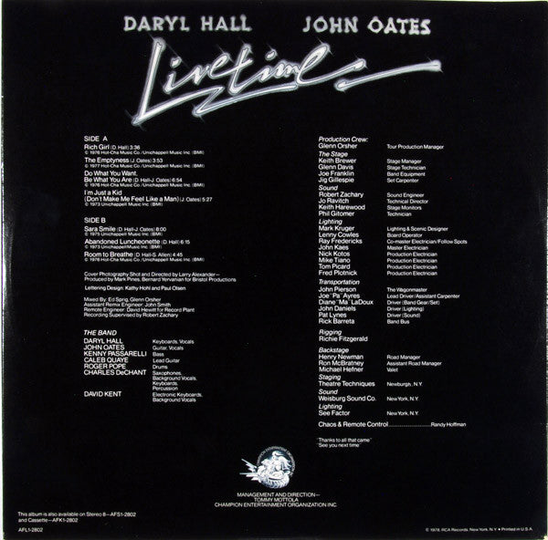 Daryl Hall & John Oates : Livetime (LP, Album, Ind)