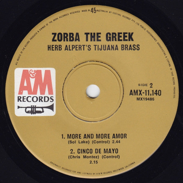 Herb Alpert & The Tijuana Brass : Zorba The Greek (7", EP, Mono, RE)