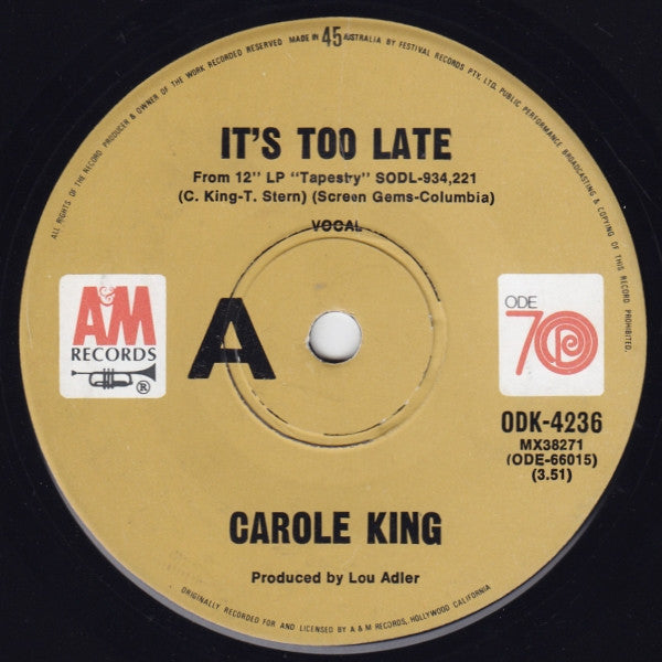 Carole King : It&#39;s Too Late (7&quot;, Single)