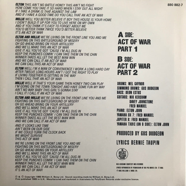 Elton John, Millie Jackson : Act Of War (7", Single)