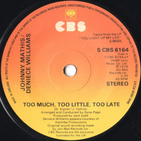 Johnny Mathis / Deniece Williams : Too Much, Too Little, Too Late (7&quot;, Single)