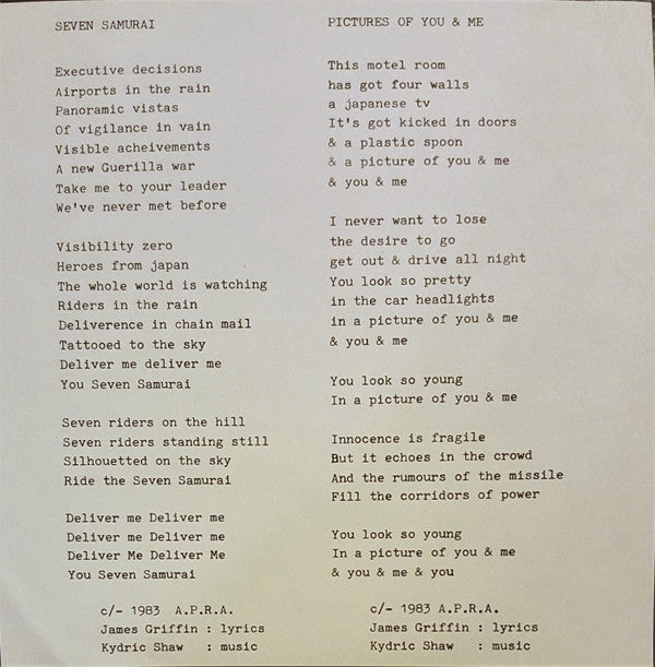 Agents (3) : 7 Samurai (7", Single, Ltd)