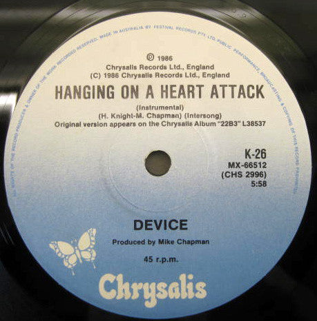 Device (2) : Hanging On A Heart Attack (7", Single, Ltd)